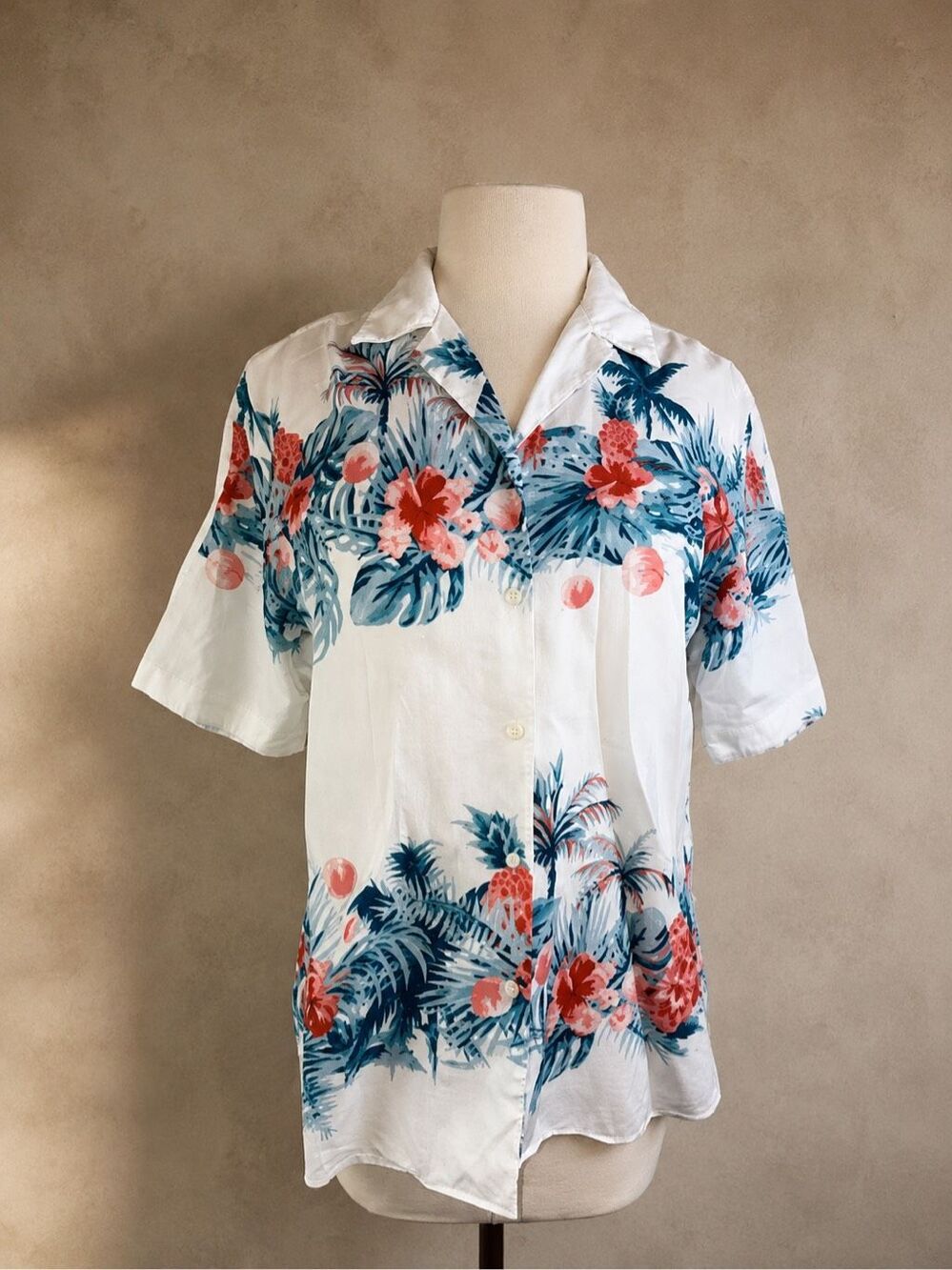 Lacoste Size 38 Tropical Floral Camp Shirt White Pink Blue Resort Button Front B
